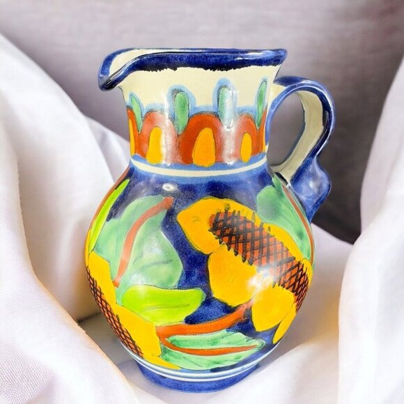 Mexico Art Pottery Talavera Pitcher Carafe Multicolor Frutal Decor Hand Made VTG - Picture 2 of 16